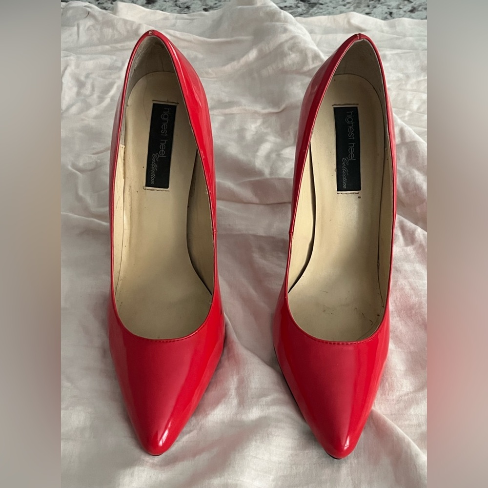 Red patent pump 5” heel